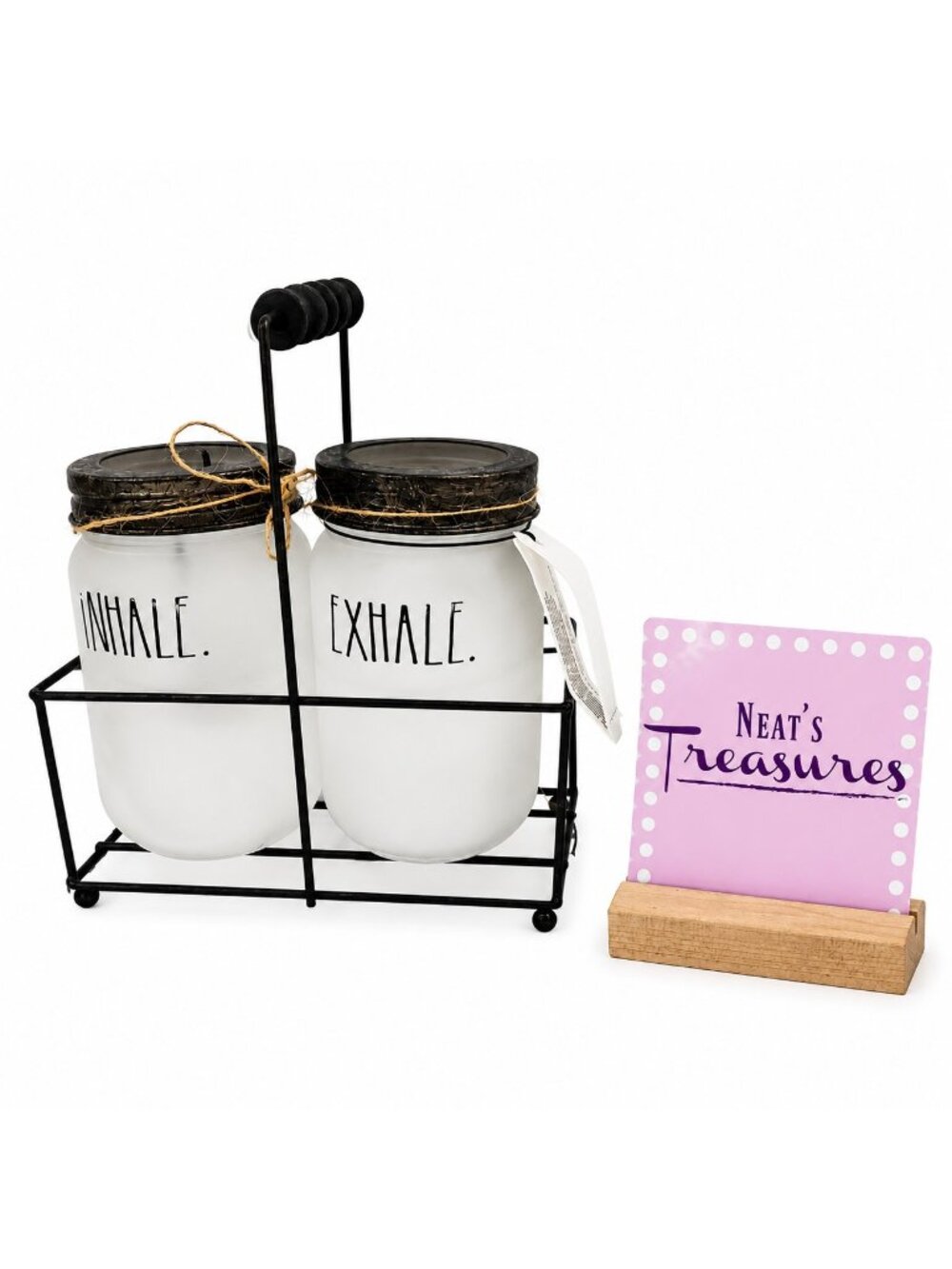 Rae Dunn 2 Frosted Glass EXHALE INHALE Mason JarsTea Light Candle Jar & Holder